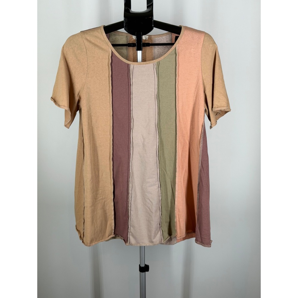Easel Los Angeles Colorblock Panel Top Earth Tone Boho Raw Seam Short Sleeve M